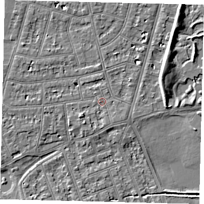 Shaded relief map of the ground around SW139HP, computed from Environment Agency LiDAR. The ground here sits at about 5 m above sea level and falls 7 m across the surrounding 800 m. Surface water reaching this point runs off ground lying to the west-south-west, 2.5 m higher.
