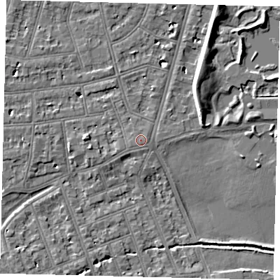 Shaded relief map of the ground around SW139HR, computed from Environment Agency LiDAR. The ground here sits at about 6 m above sea level and falls 7 m across the surrounding 800 m. The ground contributing surface water to this point lies to the north-west.