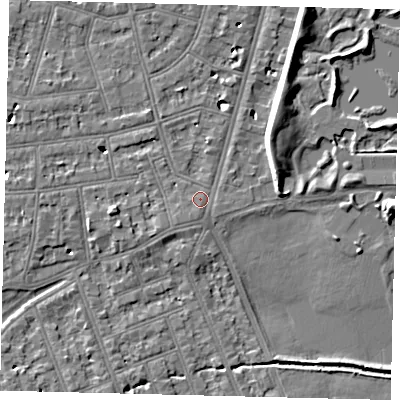 Shaded relief map of the ground around SW139HT, computed from Environment Agency LiDAR. The ground here sits at about 5 m above sea level and falls 8 m across the surrounding 800 m. Surface water reaching this point runs off ground lying to the south-west, 1.1 m higher.