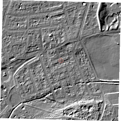 Shaded relief map of the ground around SW139HW, computed from Environment Agency LiDAR. The ground here sits at about 4 m above sea level and falls 7 m across the surrounding 800 m. Surface water reaching this point runs off ground lying to the south-south-west, 1.7 m higher.