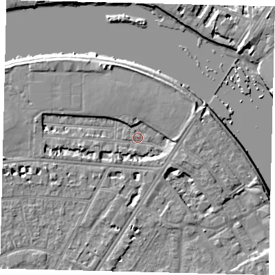 Shaded relief map of the ground around SW139JB, computed from Environment Agency LiDAR. The ground here sits at about 4 m above sea level and falls 6 m across the surrounding 800 m. Surface water reaching this point runs off ground lying to the north-north-west, 4.2 m higher.