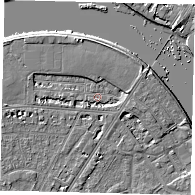 Shaded relief map of the ground around SW139JD, computed from Environment Agency LiDAR. The ground here sits at about 4 m above sea level and falls 6 m across the surrounding 800 m. Surface water reaching this point runs off ground lying to the north-north-west, 4.2 m higher.