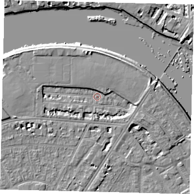 Shaded relief map of the ground around SW139JE, computed from Environment Agency LiDAR. The ground here sits at about 4 m above sea level and falls 6 m across the surrounding 800 m. Surface water reaching this point runs off ground lying to the north-north-west, 3.9 m higher.
