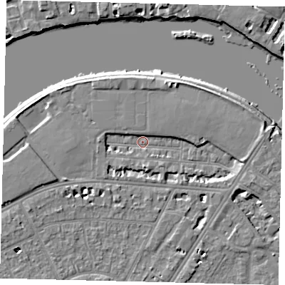Shaded relief map of the ground around SW139JF, computed from Environment Agency LiDAR. The ground here sits at about 4 m above sea level and falls 6 m across the surrounding 800 m. Surface water reaching this point runs off ground lying to the north-north-east, 3.9 m higher.