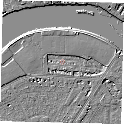 Shaded relief map of the ground around SW139JG, computed from Environment Agency LiDAR. The ground here sits at about 4 m above sea level and falls 6 m across the surrounding 800 m. Surface water reaching this point runs off ground lying to the south-south-east, 2.7 m higher.
