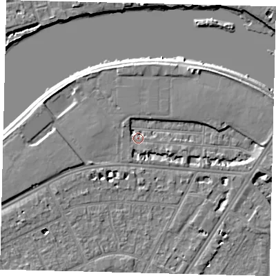 Shaded relief map of the ground around SW139JH, computed from Environment Agency LiDAR. The ground here sits at about 4 m above sea level and falls 6 m across the surrounding 800 m. Surface water reaching this point runs off ground lying to the east-south-east, 2.8 m higher.