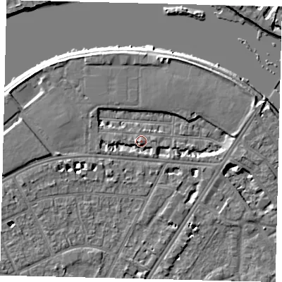 Shaded relief map of the ground around SW139JJ, computed from Environment Agency LiDAR. The ground here sits at about 5 m above sea level and falls 6 m across the surrounding 800 m. Surface water reaching this point runs off ground lying to the west, 2.6 m higher.