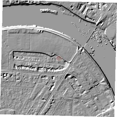 Shaded relief map of the ground around SW139JN, computed from Environment Agency LiDAR. The ground here sits at about 4 m above sea level and falls 6 m across the surrounding 800 m. Surface water reaching this point runs off ground lying to the north-west, 4.2 m higher.