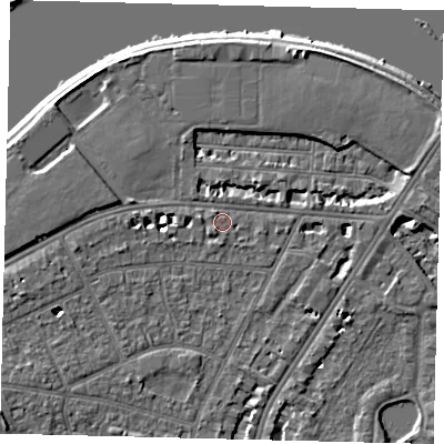 Shaded relief map of the ground around SW139JP, computed from Environment Agency LiDAR. The ground here sits at about 5 m above sea level and falls 6 m across the surrounding 800 m. Surface water reaching this point runs off ground lying to the west, 1.8 m higher.
