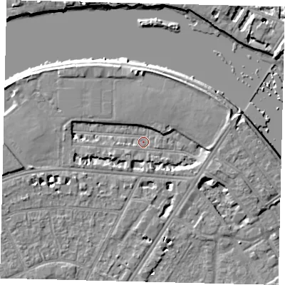 Shaded relief map of the ground around SW139JQ, computed from Environment Agency LiDAR. The ground here sits at about 4 m above sea level and falls 6 m across the surrounding 800 m. Surface water reaching this point runs off ground lying to the west-south-west, 2.5 m higher.