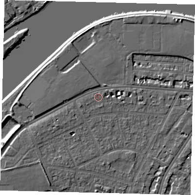 Shaded relief map of the ground around SW139JR, computed from Environment Agency LiDAR. The ground here sits at about 6 m above sea level and falls 6 m across the surrounding 800 m. Surface water reaching this point runs off ground lying to the west-south-west, 1.2 m higher.