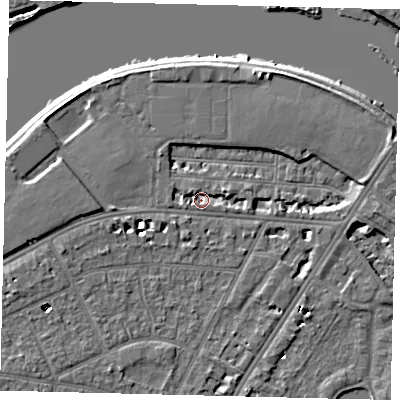 Shaded relief map of the ground around SW139JS, computed from Environment Agency LiDAR. The ground here sits at about 4 m above sea level and falls 6 m across the surrounding 800 m. Surface water reaching this point runs off ground lying to the west, 3.3 m higher.