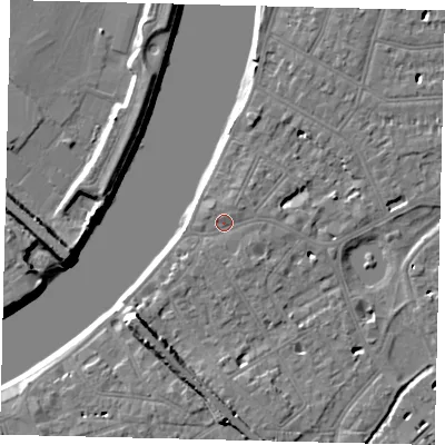 Shaded relief map of the ground around SW139JW, computed from Environment Agency LiDAR. The ground here sits at about 5 m above sea level and falls 9 m across the surrounding 800 m. Surface water reaching this point runs off ground lying to the east, 1.1 m higher.