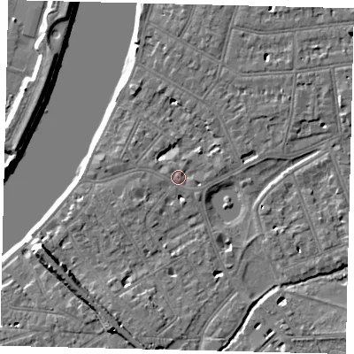 Shaded relief map of the ground around SW139LD, computed from Environment Agency LiDAR. The ground here sits at about 5 m above sea level and falls 9 m across the surrounding 800 m. Surface water reaching this point runs off ground lying to the west-north-west, 1.3 m higher.