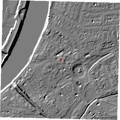 Shaded relief map of the ground around SW139LE, computed from Environment Agency LiDAR. The ground here sits at about 6 m above sea level and falls 9 m across the surrounding 800 m. Surface water reaching this point runs off ground lying to the west-north-west, 0.7 m higher.