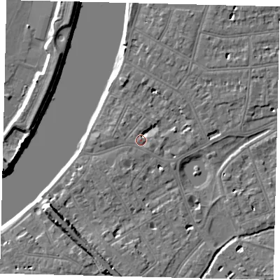 Shaded relief map of the ground around SW139LF, computed from Environment Agency LiDAR. The ground here sits at about 6 m above sea level and falls 9 m across the surrounding 800 m. Surface water reaching this point runs off ground lying to the south-west, 1.9 m higher.