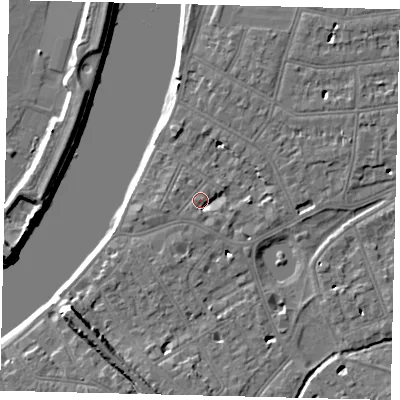 Shaded relief map of the ground around SW139LG, computed from Environment Agency LiDAR. The ground here sits at about 5 m above sea level and falls 9 m across the surrounding 800 m. Surface water reaching this point runs off ground lying to the south, 1.9 m higher.