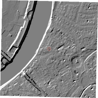 Shaded relief map of the ground around SW139LL, computed from Environment Agency LiDAR. The ground here sits at about 6 m above sea level and falls 9 m across the surrounding 800 m. Surface water reaching this point runs off ground lying to the south, 0.6 m higher.