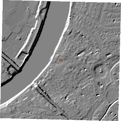 Shaded relief map of the ground around SW139LN, computed from Environment Agency LiDAR. The ground here sits at about 5 m above sea level and falls 9 m across the surrounding 800 m. Surface water reaching this point runs off ground lying to the east, 1.1 m higher.