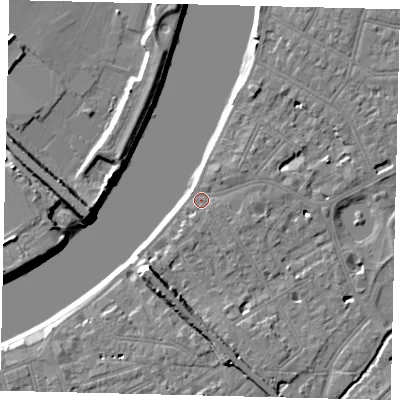 Shaded relief map of the ground around SW139LP, computed from Environment Agency LiDAR. The ground here sits at about 5 m above sea level and falls 9 m across the surrounding 800 m. Surface water reaching this point runs off ground lying to the north-east, 1.4 m higher.