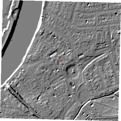 Shaded relief map of the ground around SW139LT, computed from Environment Agency LiDAR. The ground here sits at about 5 m above sea level and falls 9 m across the surrounding 800 m. Surface water reaching this point runs off ground lying to the west, 1.8 m higher.