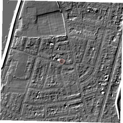 Shaded relief map of the ground around SW139NB, computed from Environment Agency LiDAR. The ground here sits at about 5 m above sea level and falls 7 m across the surrounding 800 m. Surface water reaching this point runs off ground lying to the south-west, 4.1 m higher.