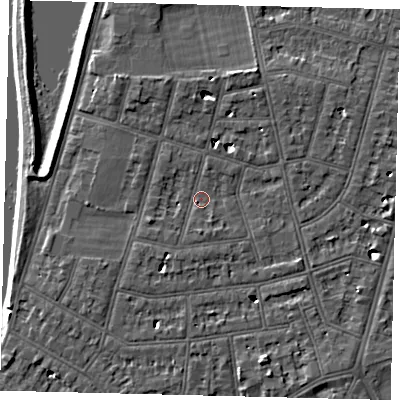 Shaded relief map of the ground around SW139NE, computed from Environment Agency LiDAR. The ground here sits at about 5 m above sea level and falls 6 m across the surrounding 800 m. Surface water reaching this point runs off ground lying to the west-south-west, 1.6 m higher.