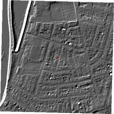 Shaded relief map of the ground around SW139NF, computed from Environment Agency LiDAR. The ground here sits at about 5 m above sea level and falls 6 m across the surrounding 800 m. Surface water reaching this point runs off ground lying to the south-west, 2.9 m higher.