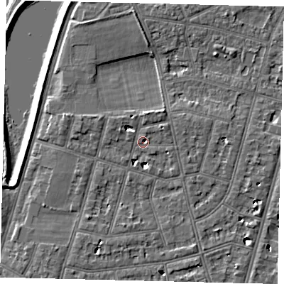 Shaded relief map of the ground around SW139NG, computed from Environment Agency LiDAR. The ground here sits at about 6 m above sea level and falls 6 m across the surrounding 800 m. Surface water reaching this point runs off ground lying to the north-east, 2.3 m higher.