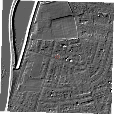 Shaded relief map of the ground around SW139NL, computed from Environment Agency LiDAR. The ground here sits at about 5 m above sea level and falls 6 m across the surrounding 800 m. Surface water reaching this point runs off ground lying to the east, 0.6 m higher.