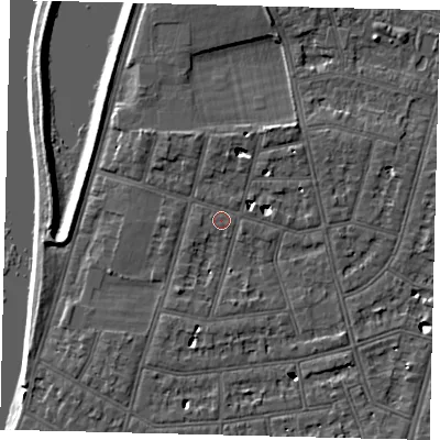 Shaded relief map of the ground around SW139NN, computed from Environment Agency LiDAR. The ground here sits at about 5 m above sea level and falls 6 m across the surrounding 800 m. Surface water reaching this point runs off ground lying to the north-north-east, 0.6 m higher.