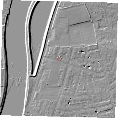 Shaded relief map of the ground around SW139NR, computed from Environment Agency LiDAR. The ground here sits at about 6 m above sea level and falls 6 m across the surrounding 800 m. Surface water reaching this point runs off ground lying to the north, 1.5 m higher.