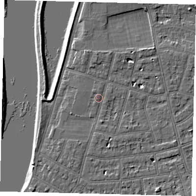 Shaded relief map of the ground around SW139NT, computed from Environment Agency LiDAR. The ground here sits at about 6 m above sea level and falls 6 m across the surrounding 800 m. Surface water reaching this point runs off ground lying to the north-north-west, 1.9 m higher.