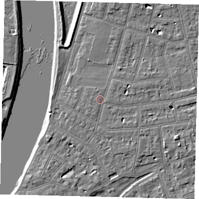 Shaded relief map of the ground around SW139NX, computed from Environment Agency LiDAR. The ground here sits at about 6 m above sea level and falls 6 m across the surrounding 800 m. Surface water reaching this point runs off ground lying to the west, 0.6 m higher.