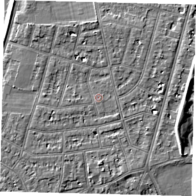Shaded relief map of the ground around SW139NY, computed from Environment Agency LiDAR. The ground here sits at about 5 m above sea level and falls 7 m across the surrounding 800 m. Surface water reaching this point runs off ground lying to the west, 0.9 m higher.