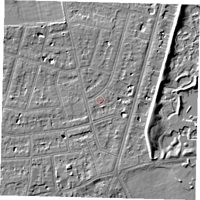 Shaded relief map of the ground around SW139PD, computed from Environment Agency LiDAR. The ground here sits at about 5 m above sea level and falls 7 m across the surrounding 800 m. Surface water reaching this point runs off ground lying to the north-north-west, 4.7 m higher.
