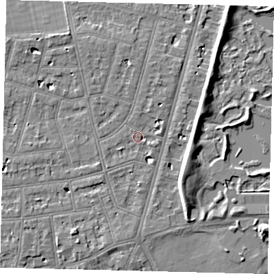Shaded relief map of the ground around SW139PE, computed from Environment Agency LiDAR. The ground here sits at about 5 m above sea level and falls 8 m across the surrounding 800 m. Surface water reaching this point runs off ground lying to the south-west, 1.5 m higher.