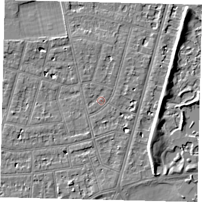 Shaded relief map of the ground around SW139PF, computed from Environment Agency LiDAR. The ground here sits at about 5 m above sea level and falls 7 m across the surrounding 800 m. Surface water reaching this point runs off ground lying to the north-west, 4.7 m higher.