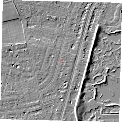 Shaded relief map of the ground around SW139PG, computed from Environment Agency LiDAR. The ground here sits at about 5 m above sea level and falls 7 m across the surrounding 800 m. Surface water reaching this point runs off ground lying to the north-north-east, 0.5 m higher.