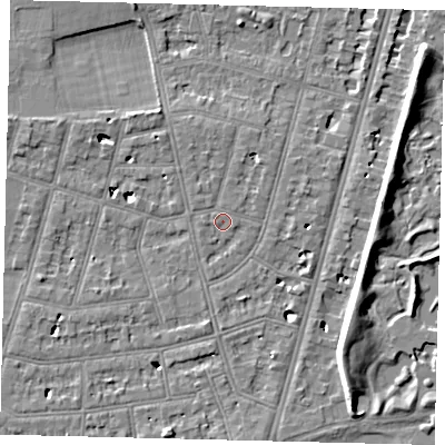 Shaded relief map of the ground around SW139PH, computed from Environment Agency LiDAR. The ground here sits at about 5 m above sea level and falls 7 m across the surrounding 800 m. Surface water reaching this point runs off ground lying to the north, 1.0 m higher.