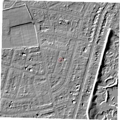 Shaded relief map of the ground around SW139PJ, computed from Environment Agency LiDAR. The ground here sits at about 5 m above sea level and falls 7 m across the surrounding 800 m. Surface water reaching this point runs off ground lying to the north-west, 0.8 m higher.