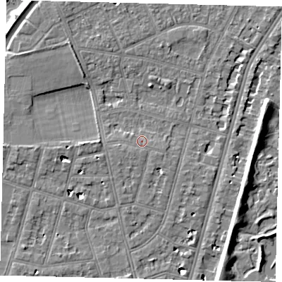 Shaded relief map of the ground around SW139PN, computed from Environment Agency LiDAR. The ground here sits at about 5 m above sea level and falls 7 m across the surrounding 800 m. Surface water reaching this point runs off ground lying to the south, 1.1 m higher.