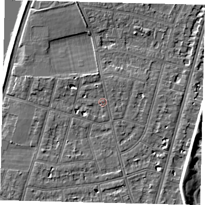 Shaded relief map of the ground around SW139PP, computed from Environment Agency LiDAR. The ground here sits at about 6 m above sea level and falls 7 m across the surrounding 800 m. Surface water reaching this point runs off ground lying to the north-north-west, 1.6 m higher.