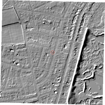 Shaded relief map of the ground around SW139PQ, computed from Environment Agency LiDAR. The ground here sits at about 5 m above sea level and falls 7 m across the surrounding 800 m. Surface water reaching this point runs off ground lying to the south-west, 0.7 m higher.