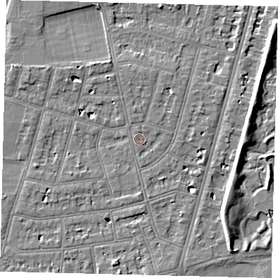 Shaded relief map of the ground around SW139PR, computed from Environment Agency LiDAR. The ground here sits at about 5 m above sea level and falls 7 m across the surrounding 800 m. Surface water reaching this point runs off ground lying to the north, 0.9 m higher.