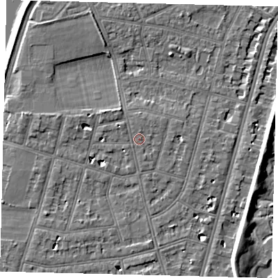 Shaded relief map of the ground around SW139PW, computed from Environment Agency LiDAR. The ground here sits at about 6 m above sea level and falls 7 m across the surrounding 800 m. Surface water reaching this point runs off ground lying to the north-west, 1.6 m higher.