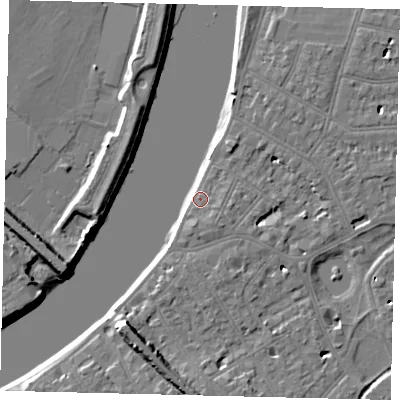 Shaded relief map of the ground around SW139PY, computed from Environment Agency LiDAR. The ground here sits at about 5 m above sea level and falls 9 m across the surrounding 800 m. Surface water reaching this point runs off ground lying to the east-south-east, 3.6 m higher.