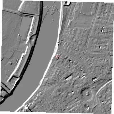 Shaded relief map of the ground around SW139QB, computed from Environment Agency LiDAR. The ground here sits at about 6 m above sea level and falls 9 m across the surrounding 800 m. Surface water reaching this point runs off ground lying to the east-south-east, 1.4 m higher.