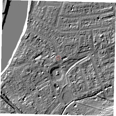 Shaded relief map of the ground around SW139QD, computed from Environment Agency LiDAR. The ground here sits at about 5 m above sea level and falls 9 m across the surrounding 800 m. Surface water reaching this point runs off ground lying to the west, 3.3 m higher.