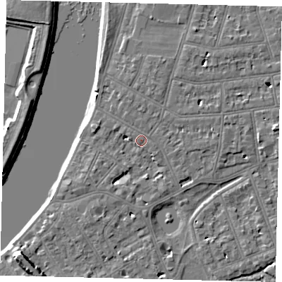 Shaded relief map of the ground around SW139QE, computed from Environment Agency LiDAR. The ground here sits at about 5 m above sea level and falls 9 m across the surrounding 800 m. Surface water reaching this point runs off ground lying to the west-south-west, 3.3 m higher.